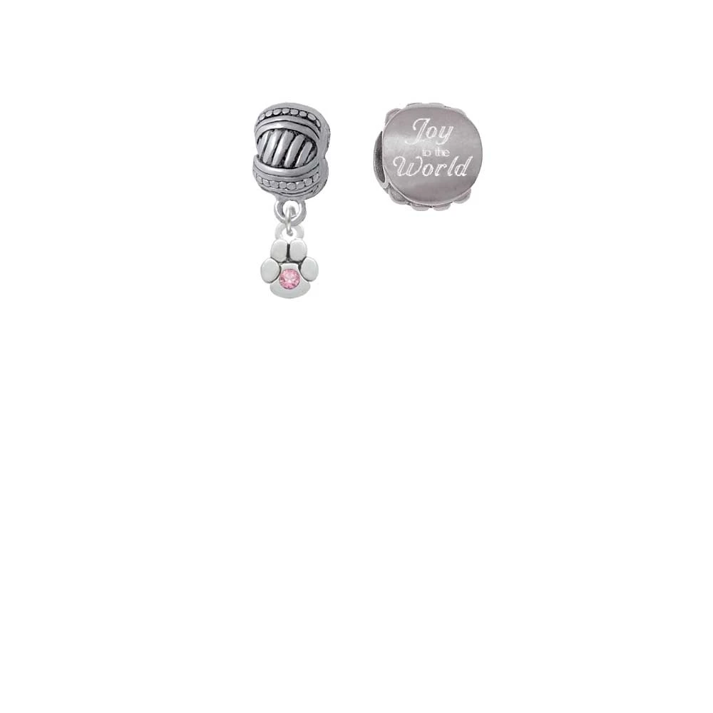 Silvertone Mini Paw with Pink Crystal Joy to the World Charm Beads (Set of 2)