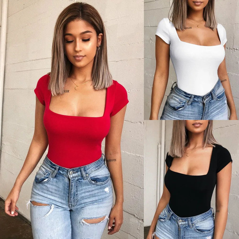

Women Bodysuits Casual Skinny Solid Color With Button Short Sleeve Square Collar Jumpsuits Female Summer Spring Romper Plus Size