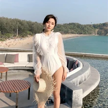 Кружевной цельный купальник Женская однотонная одежда для плавания сетчатый Монокини пуш-ап купальный костюм корейский трикини белый купальный костюм накладка пляжный с рюшами