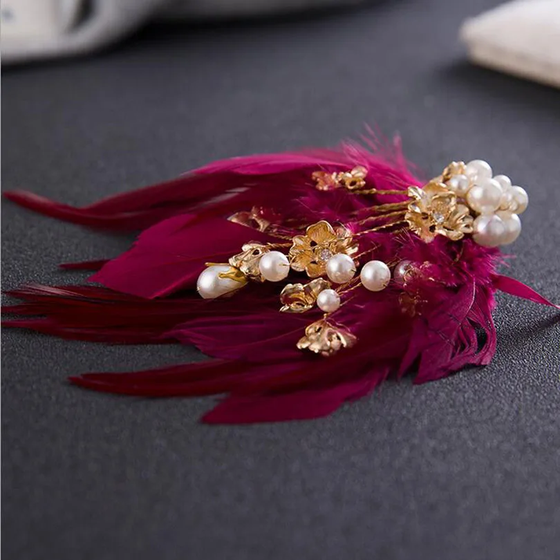 

Boho Women Prom Headband Wedding Hair Vine Pins Gold Flower Burgundy Wine Red White Feather Bridal Headpiece Hair Accessories