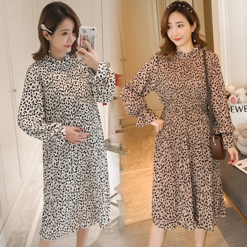 

2019 Spring New Maternity Large Size Pleated Dress Long Lantern Sleeve Pregnant Women Leopard Printed Chiffon Dress with Belt