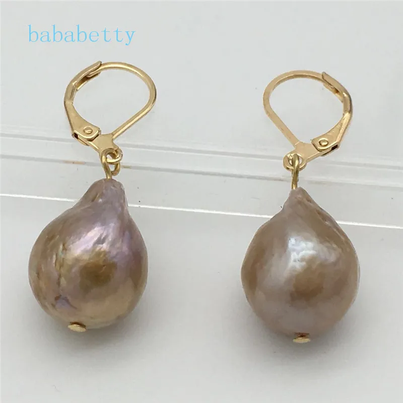 

new 12 x18mm purple baroque real natural pearl 925 sterling silver fashion earrings