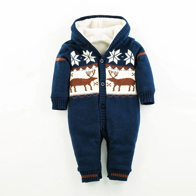Теплый толстый зимний вязаный свитер для малышей; комбинезоны для новорожденных мальчиков и девочек; комбинезон для альпинизма; Верхняя одежда с капюшоном и рождественским оленем