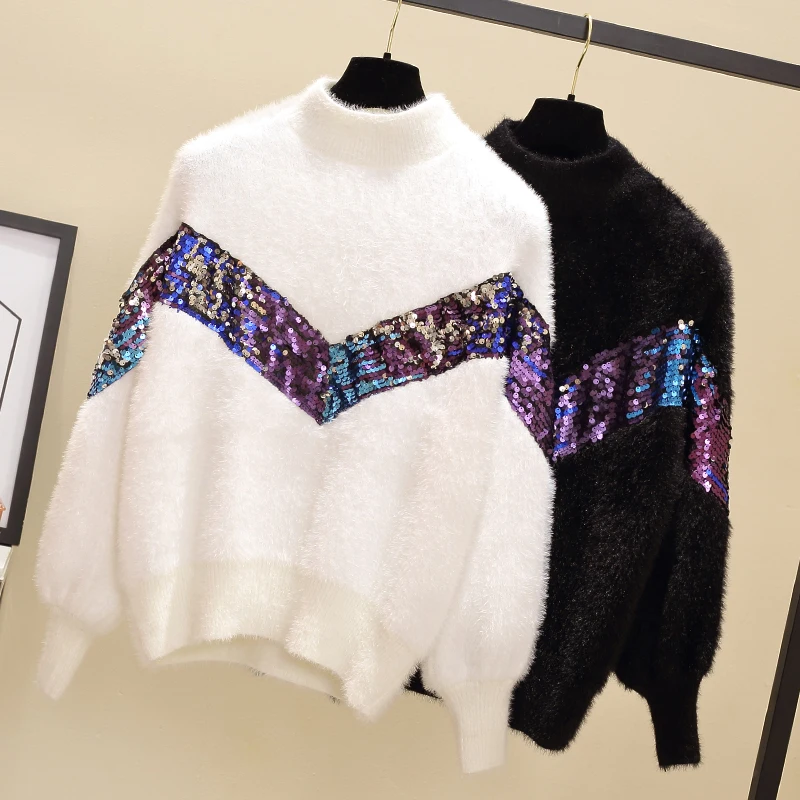 Женские свободные модные черно-белые вязаные свитера и пуловеры с пайетками для женщин; сезон осень-зима; женская трикотажная верхняя одежда; топы