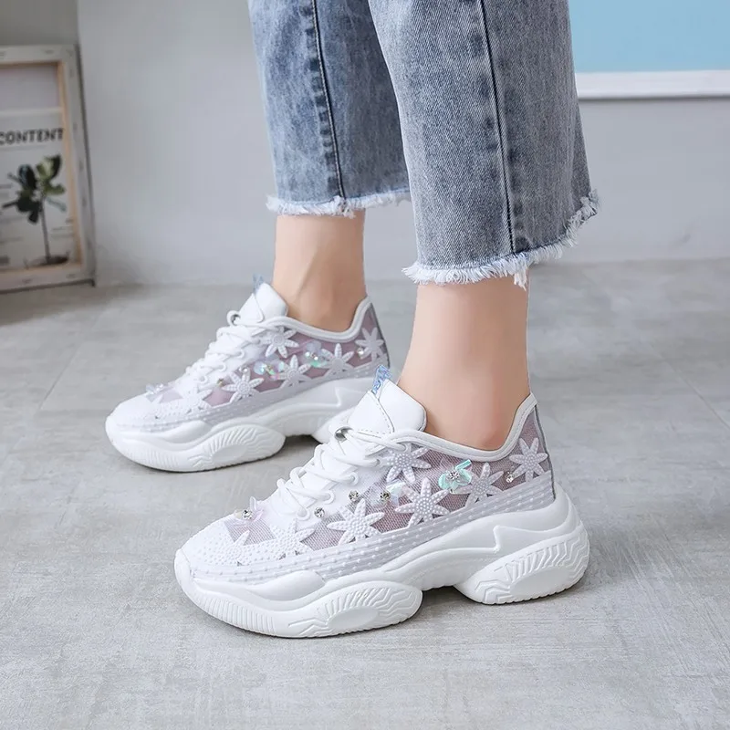 

2019 Spring/Summer Women Chunky Sneakers Harajuku Casual Dad Shoes Breathable Lace Platform White Sneakers