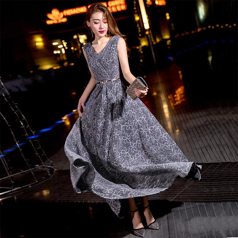 Smoke Ceinture Paillettes Tenue Color Manches Gray Col Élégantes De Robes Fête Florale Vintage V Sans Sexy Femme Robe Pour Brillant Femmes Les Longue BvwxZ7Rq