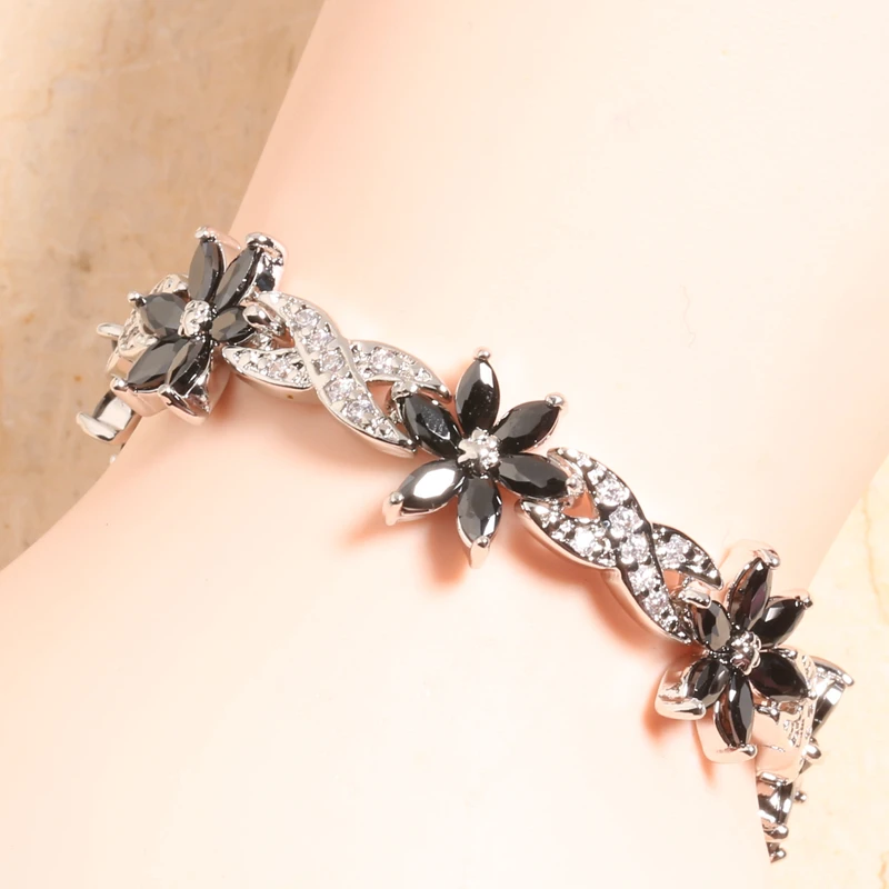 Черный оникс Белый Циркон 925 стерлингового серебра звено цепи браслет 6 7 дюймов L10065