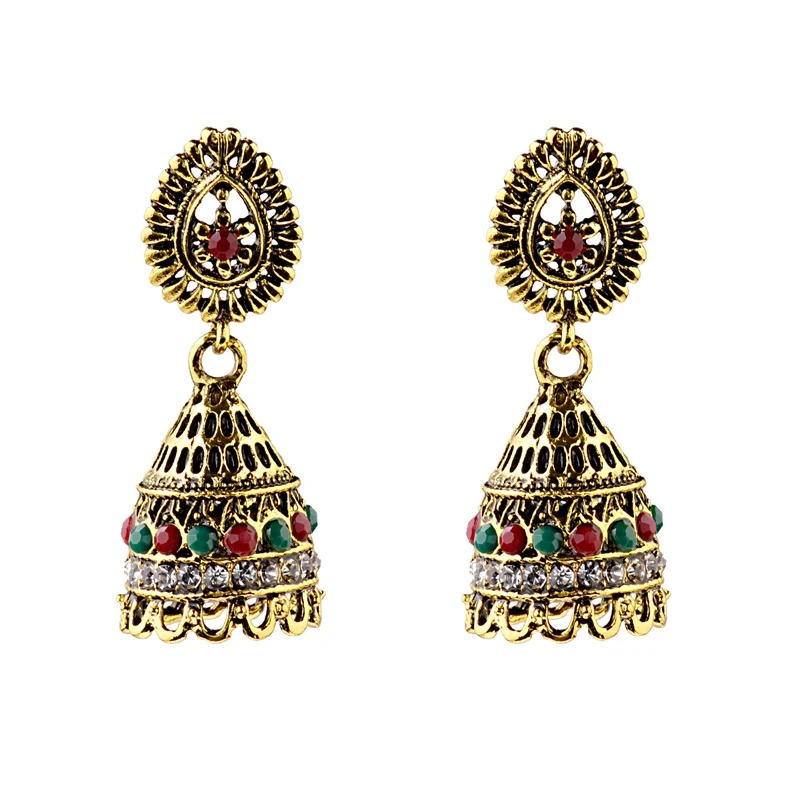 TopHanqi античный этнический индийский Jhumka Jhumki серьги для женщин Бохо Винтаж полые цветок висячие серьги с бисером цыганские украшения - Окраска металла: HXE076-2