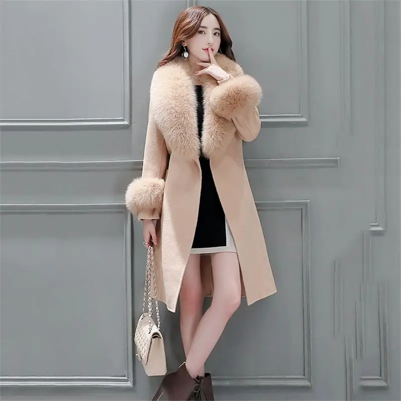 Новые модные зимние кашемировые тонкие длинные Для женщин шерстяные пальто женский искусственный Лисий меховой воротник с поясом теплые Смеси куртки B62 - Цвет: CAMEL
