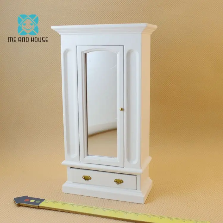 

Miniature Doll House Cabinet Vintage Wooden Furniture Toys Cabinet Mirror Front Wardrobe 1/12 Scale