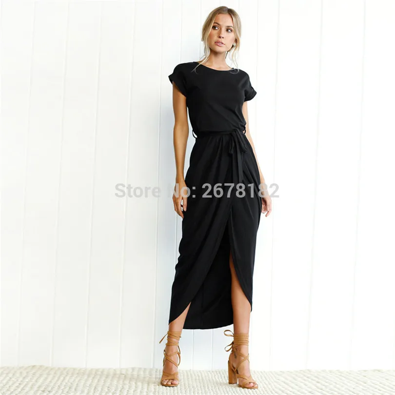 

6 Colors Boho Split Long Dress Fashion Women O-Neck Maxi Dress Summer Short Sleeve Solid Dress With Belt Vestidos XS-3XL