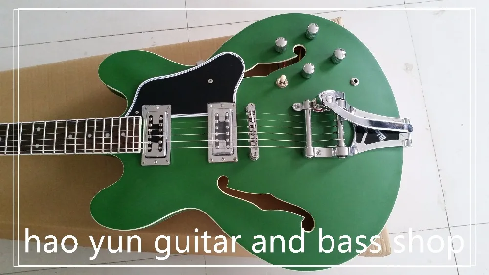 

Latest Arrival Custom Shop Design ES335 Guitar Matte Green Hollow Body Bigspy Tremolo China OEM Factory