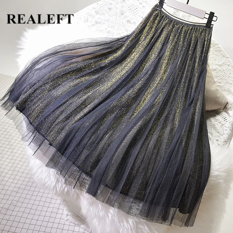 

REALEFT Women Elegant Mesh Party Long Skirts Black 2019 New Arrival Gold High Waist Korean Pleated Tulle Skirts for Womens