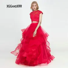 Бордовый из двух частей платье для выпускного вечера 2019 Холтер с плеча линия Лонг элегантное вечернее платье лиловый фатин рюшами