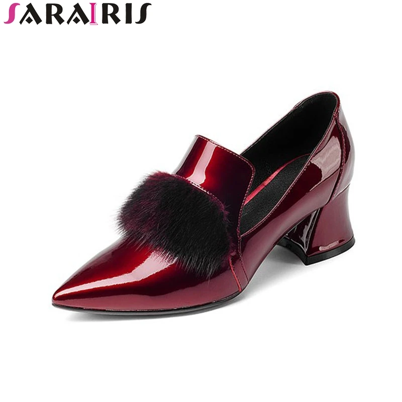 

SaraIris 2018 Spring Autumn Cow Leather Sweet Pointed Toe Pumps Shallow Large Size 33-43 Hoof High Heel Slip-on Women Shoes