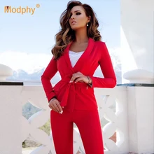 Модный красно-белый женский комплект, сексуальная куртка с длинными рукавами и штаны, 2 предмета, комплект из двух предметов, Повседневный, для вечеринки, для офиса, комплект со штанами