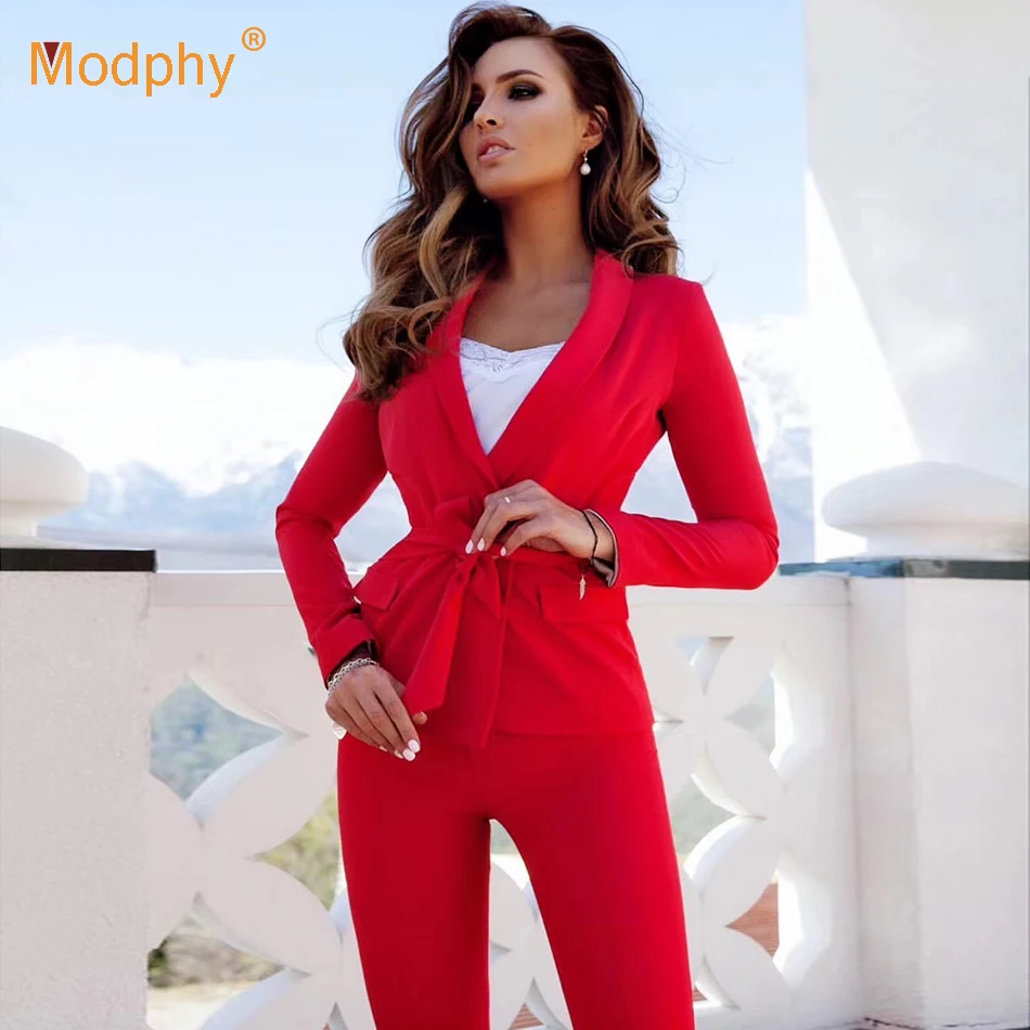 Tanie 2019 new fashion czerwony biały zestaw damski seksowna kurtka z długim rękawem i spodnie 2 szt. Dwuczęściowy w stylu casual, imprezowa biurowe spodnie komplet garniturów