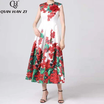 

Qian Han Zi Designer Runway Maxi dress Women's Sleeveless Vintage Flower Print Slim Applique Elegant long Dress 4XL Plus Size