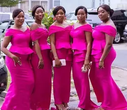 2019 Африканский фуксия Русалка подружки невесты платья для женщин плюс размеры с открытыми плечами баски Многоуровневое пятно