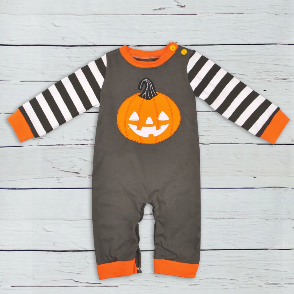 New Halloween Baby Romper Long Sleeve Baby Boys Gray Clothes Pumpkin Embroidery Outfit Baby