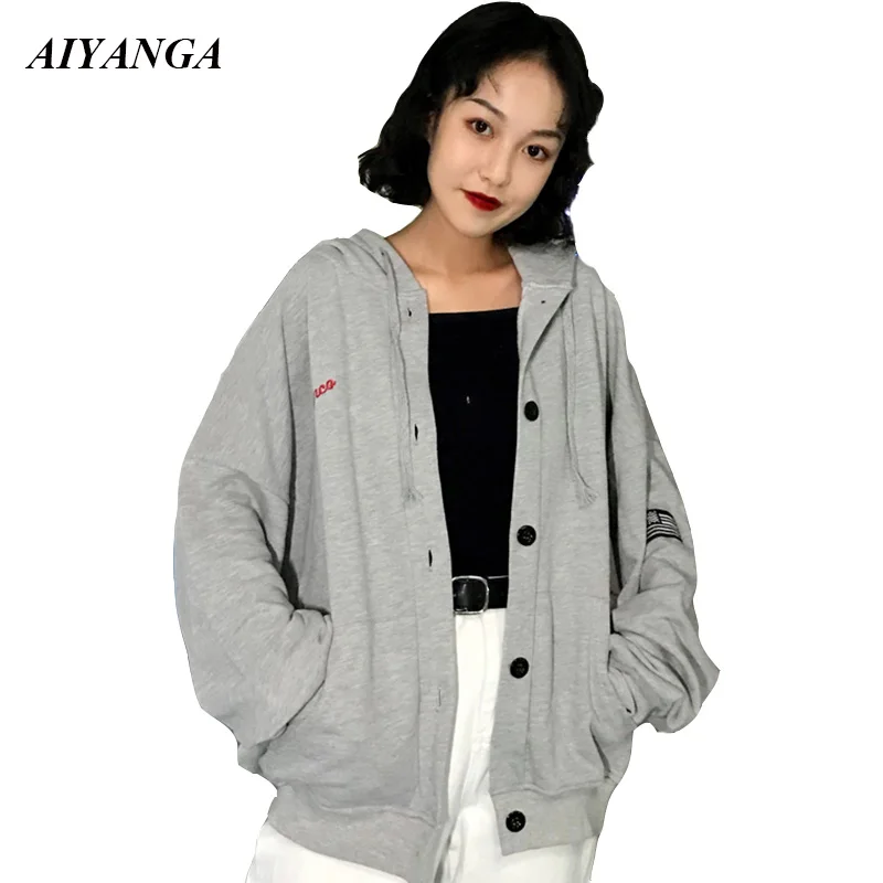 

2018 Autumn Winter Women Hooded Outerwear Female Casual Hoodies Single-breasted Loose Coats Letter Print Big Size Tops Gray