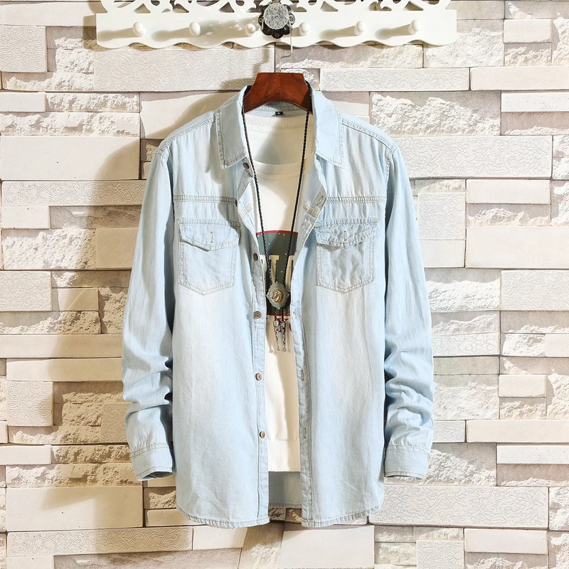 Denim shirt men s spring and summer denim shirt thin section men s slim solid color simple washed long-sleeved denim shirt Denim shirt men s spring and summer denim shirt thin section men s slim solid color simple washed long-sleeved denim shirt