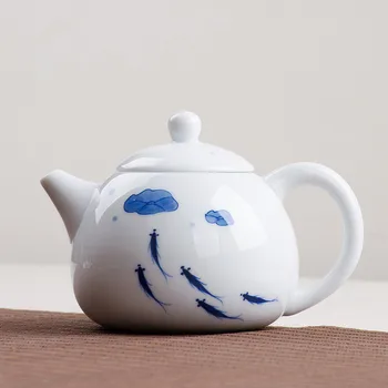 

Hand painted blue white fish Kungfu Ceramic teapot underglaze color porcelain pots Pu'er tea pot
