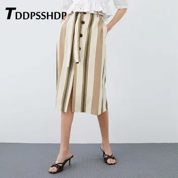 

Elastic Waist Bowknot Decor Women Skirts Single Breasted Slit Green Red White Stripe Female Skirts