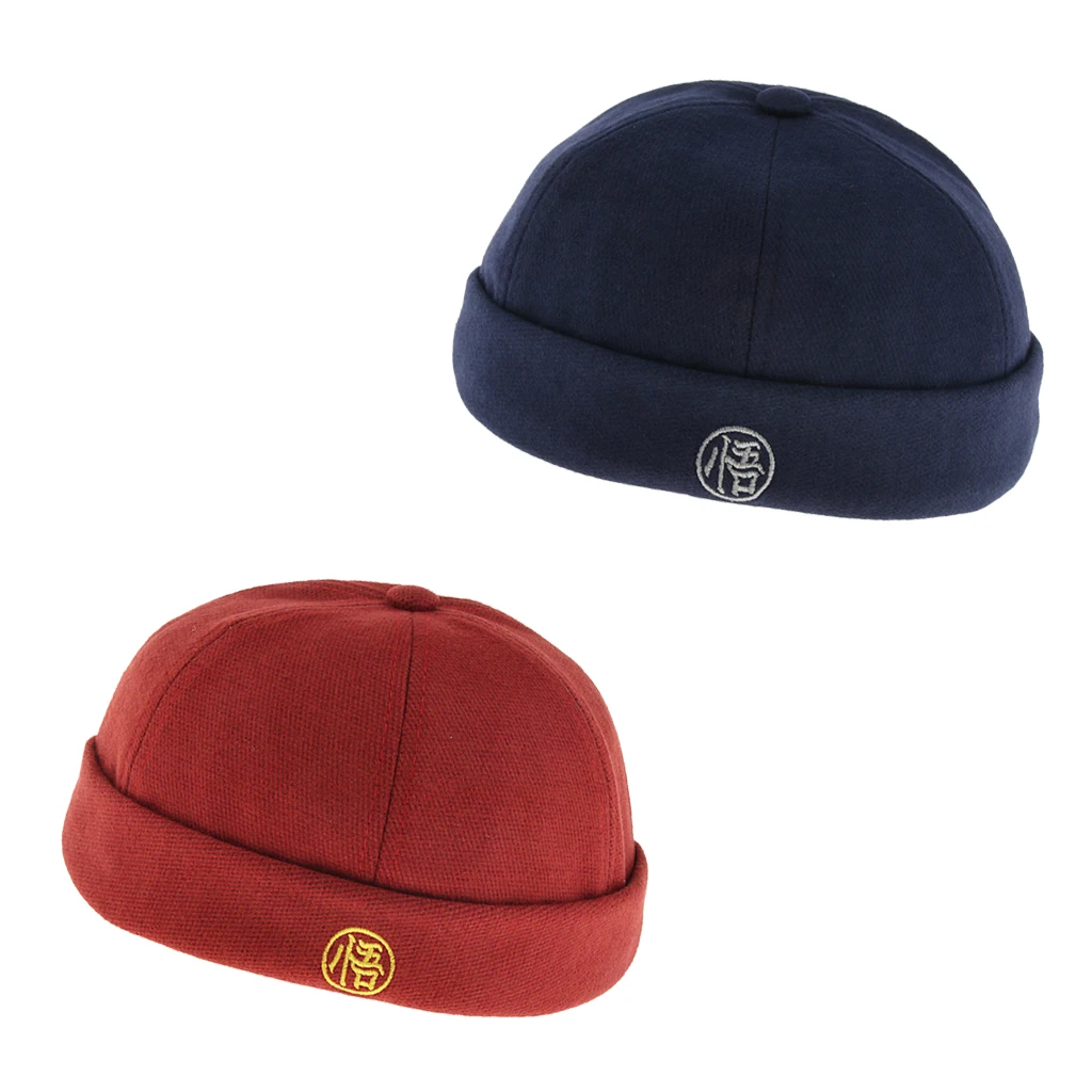 2 Pieces Mens Retro Docker Hat Wool Felt Brimless Beanie Cap Adjustable Navy Blue Red