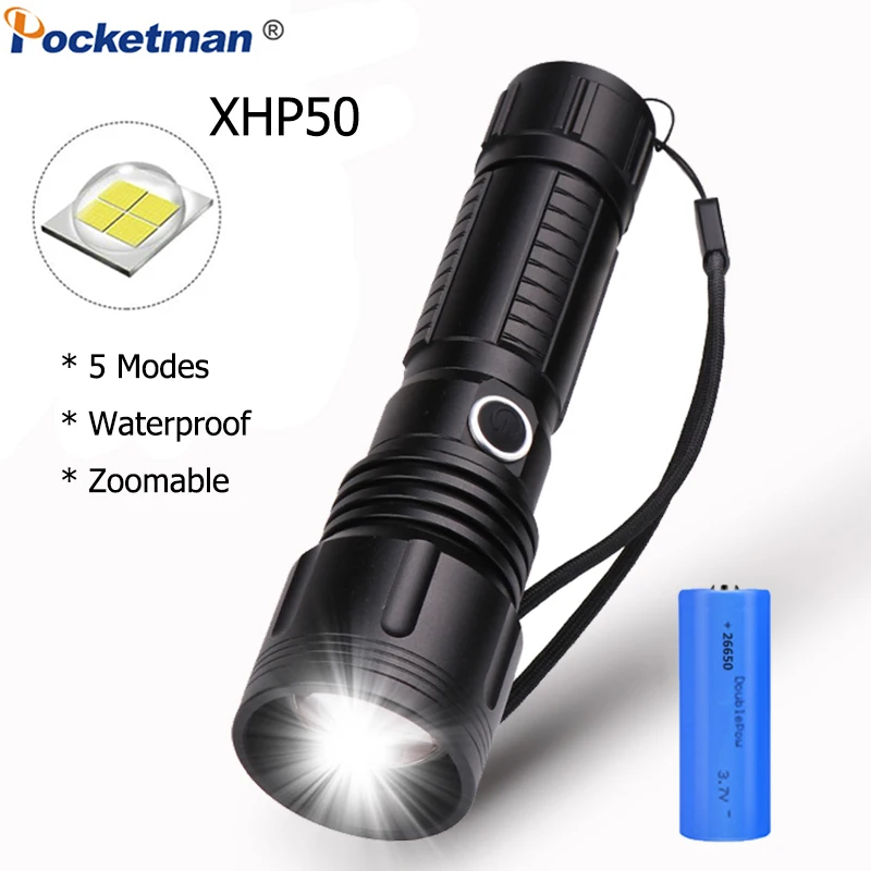 

Powerful 40000LM LED Flashlight XHP50 Lantern Waterproof Torch Zoomable Flashlight with 5 Modes for Outdoor Camping Hiking