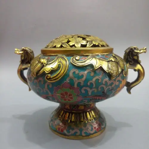 

Crafts statue China Copper cloisonne ssangyong ear incense burner Hollow out cover The bat