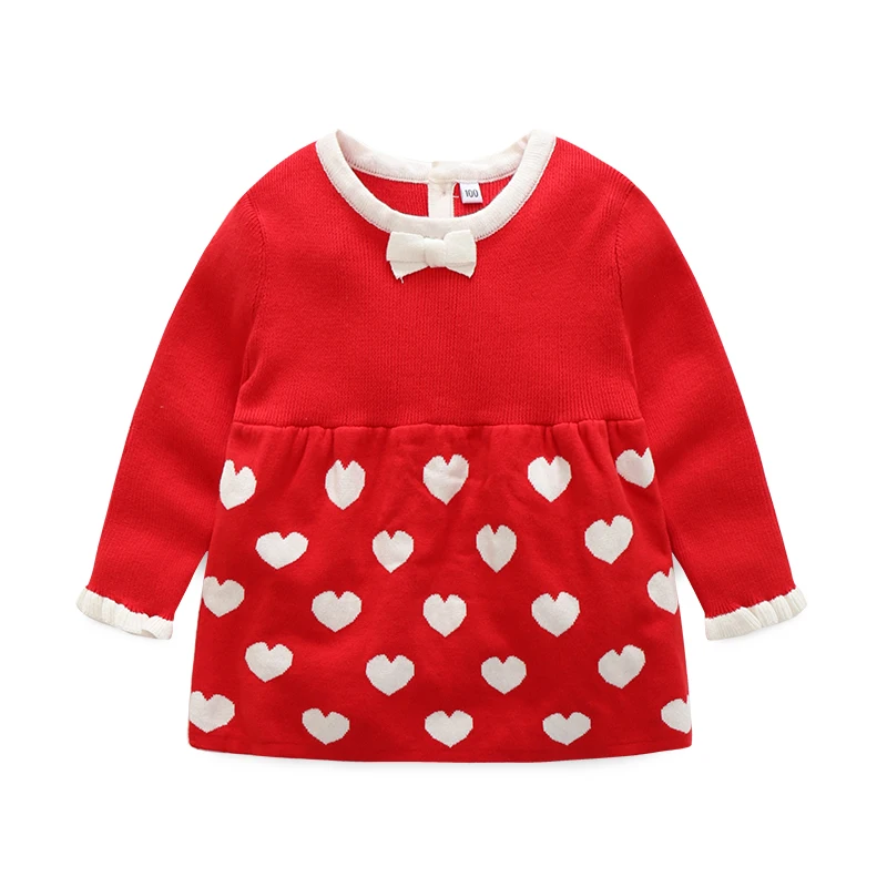 Spring and Autumn Baby Girl's New Beautiful And Cute Clothing Red Knitted Love Embroidered Pure Cotton Long Sleeved Dress | Детская