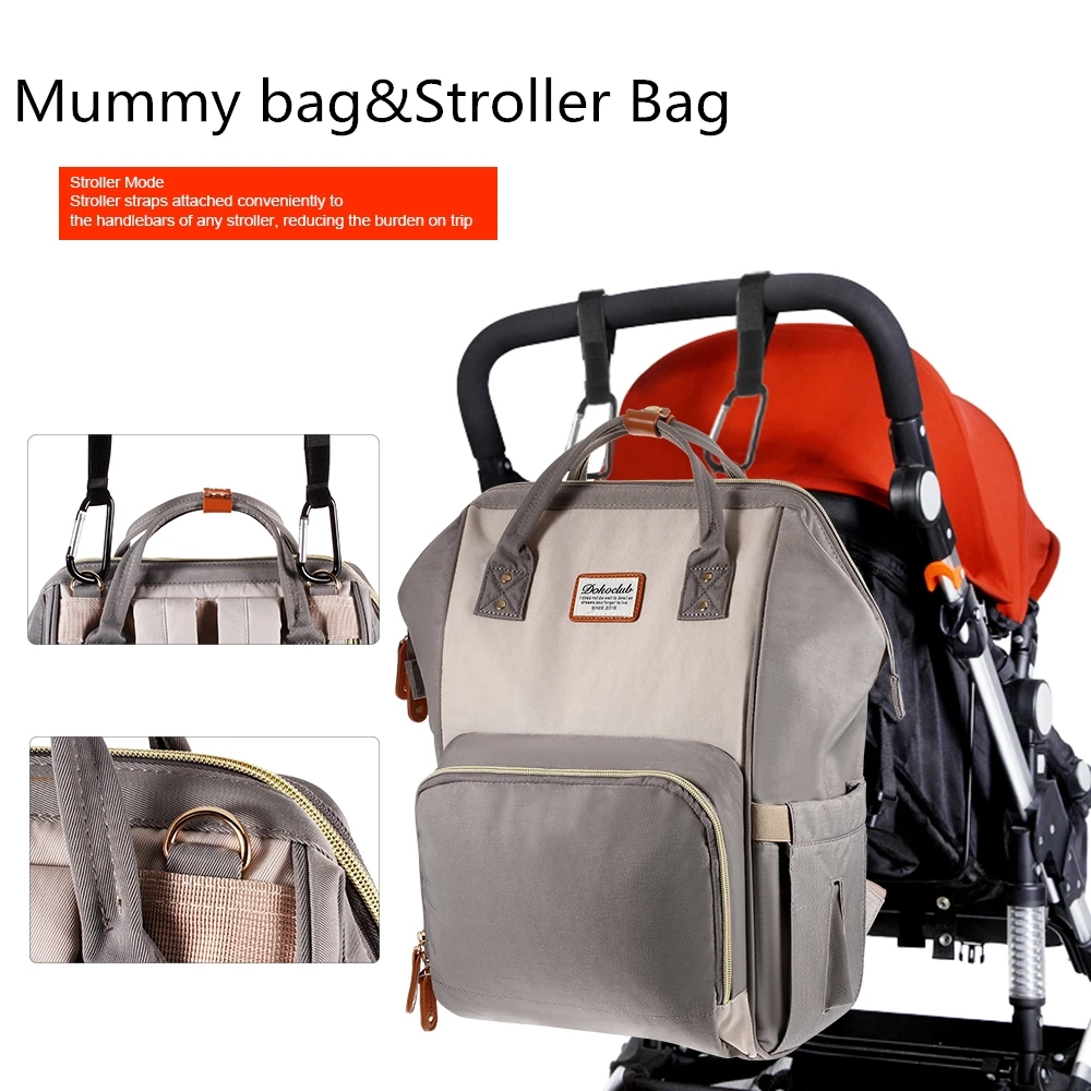 

Fashion Leather Stitching Mommy Bag Backpack Nappy Changing Bag Waterproof Bag Baby with 3 Feeding-bottle Pockets Stroller Bag