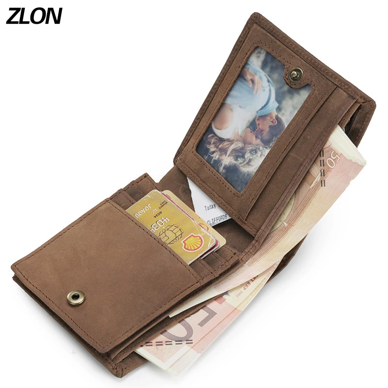 

ZLON Men's Trend Vintage Grazy Horse Leather 4 Credit Card ID Cash Holder Wallet Short Purse Zipper Coin Pocket Brown Q620