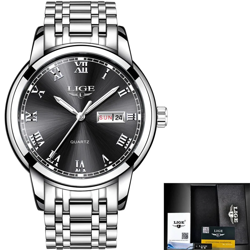 LIGE часы мужские модные спортивные Кварцевые полностью стальные золотые деловые мужские s часы Лидирующий бренд Роскошные водонепроницаемые часы Relogio Masculino - Цвет: Silver black S