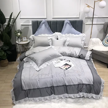 

Gray embroidery Bedding Set Luxury Egyptian Cotton Queen King size Bedding sets Bed Sheet set Duvet Cover pillowcase
