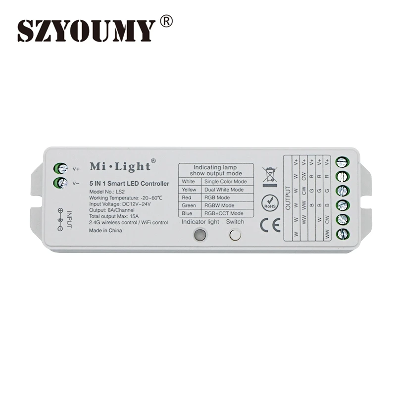 

SZYOUMY LS2 WIFI Controller DC 12V-24V 5 In 1 Smart Mi Light LED Controller For RGBW RGBWW LED Strip Light DHL Free Shipping