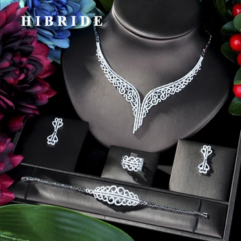 HIBRIDE Super Luxury Leaf Leaves Full Micro Cubic Zirconia Women Wedding Dress Choker Necklace Earring Jewelry Sets 2019 N-39