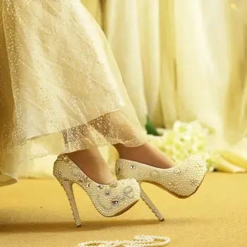 

14CM super high heels platforms pearls wedding shoes woman NQ065 luxury handmade crystal pearls light ivory party pumps