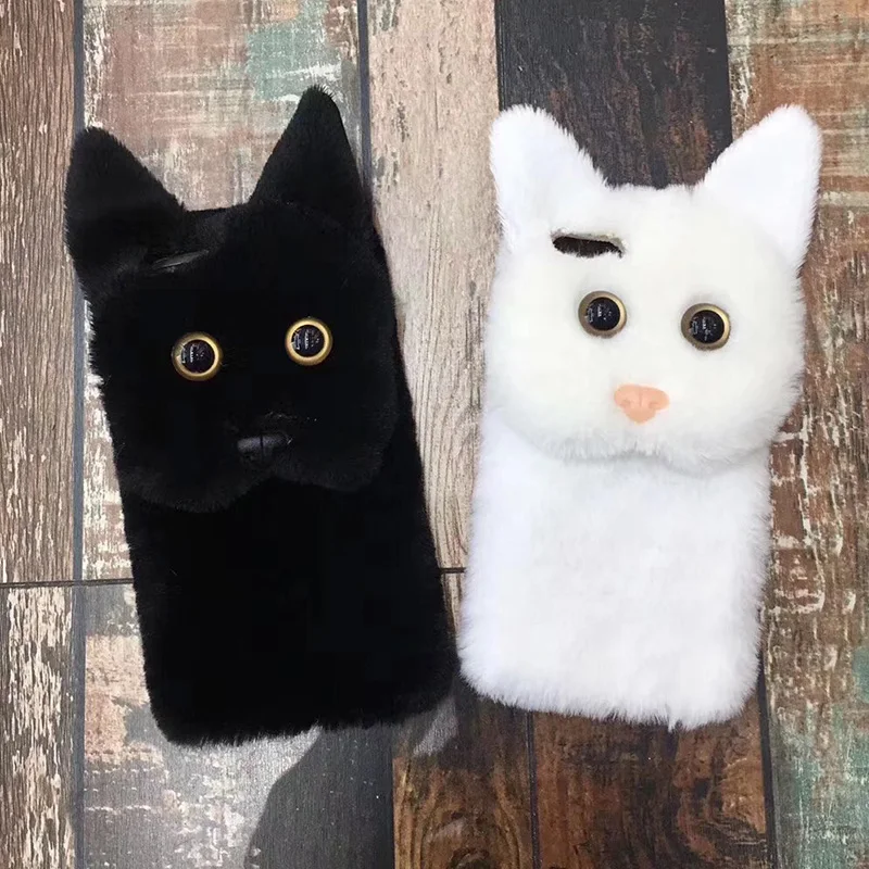 Cute Fluffy Plush White Black Cat Phone Case For iPhone X 8 8plus 7 ...