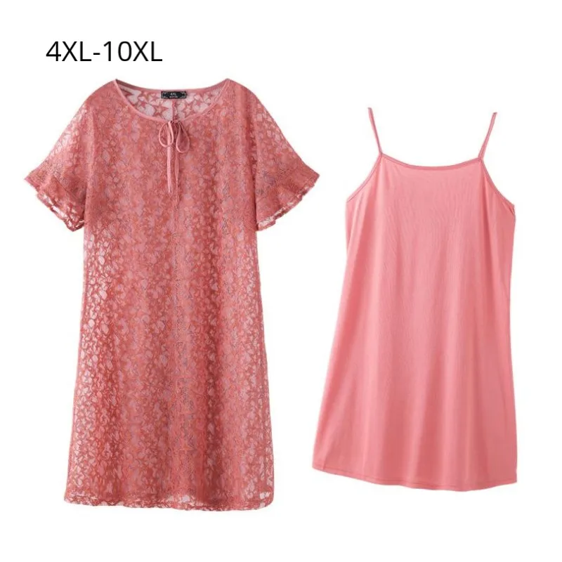 

Fashion Women Plus Size 10XL 8XL 6XL Short Sleeve Summer Slim Dress Sweet Style Pink Lace And Vest Dresses Ladies Party Dresses