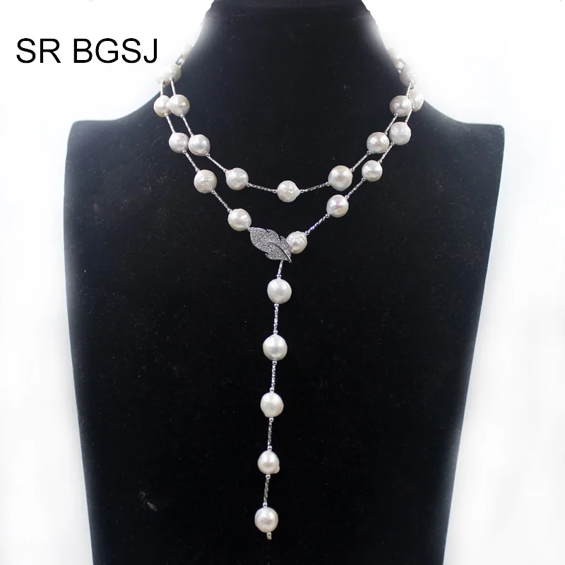 Free Shipping White Edsion FW Pearl Beads Brass Drop Leaf Rope Sweater Necklace 9 10mm 36&quot| |