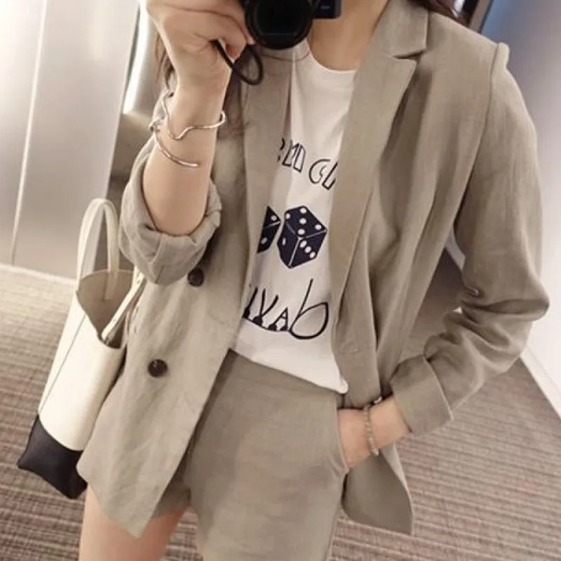 

CBAFU summer linen 2 piece set formal women's suits blazer suit coat jacket outwear high waist short suits fashion casual P213