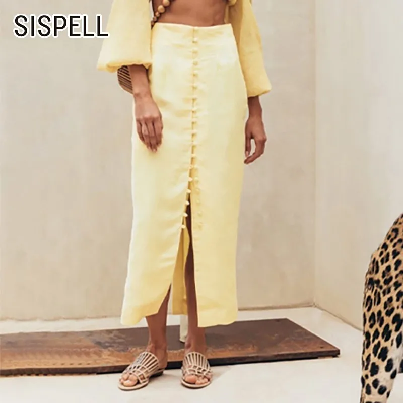 SISPELL/Летняя Корейская Однотонная юбка с разрезом по подолу для женщин, высокая талия, тонкая на кнопках, миди трапециевидная юбка, женская модная новинка