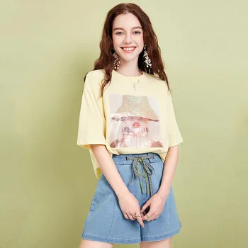 

ARTKA 2019 Summer Women Fashion Tee Casual O-Neck Loose Short Sleeve Patterns Printed Lady 100% Cotton T-Shirt TA10493C