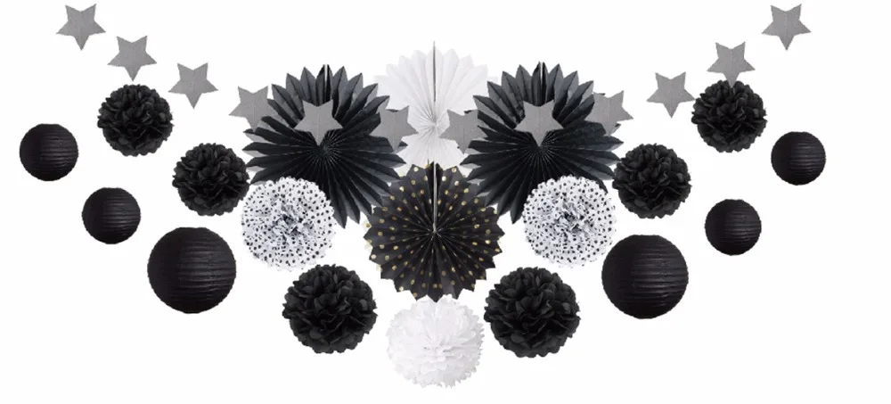 

Black and White Theme Party Decoration (Paper Fans, pompoms, Paper Lantern , Banner Decor) For Event Party Supplies 20pcs/Set