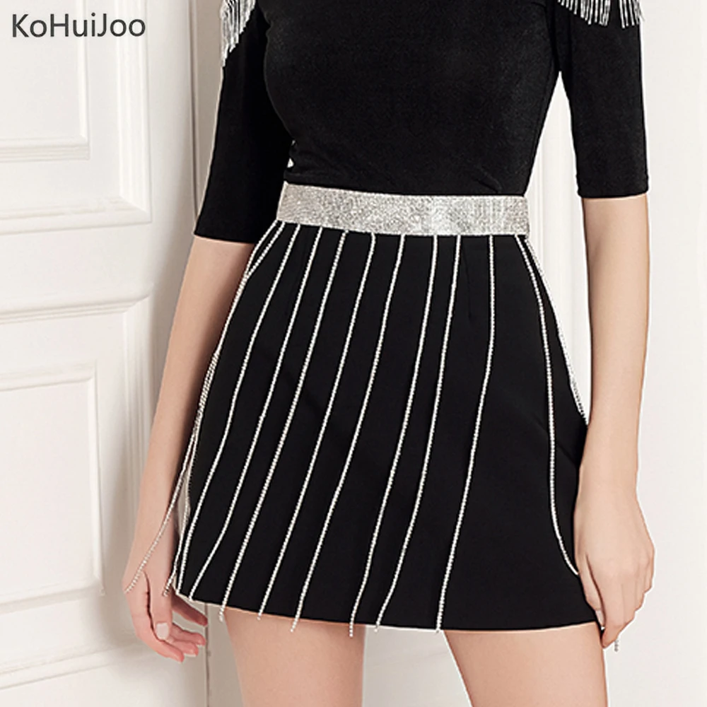 KoHuiJoo 2019 Женская Красивая Короткая юбка со стразами Корейская Сексуальная мини-юбка Леди Черный Белый Culb Sequin Tassel skirt