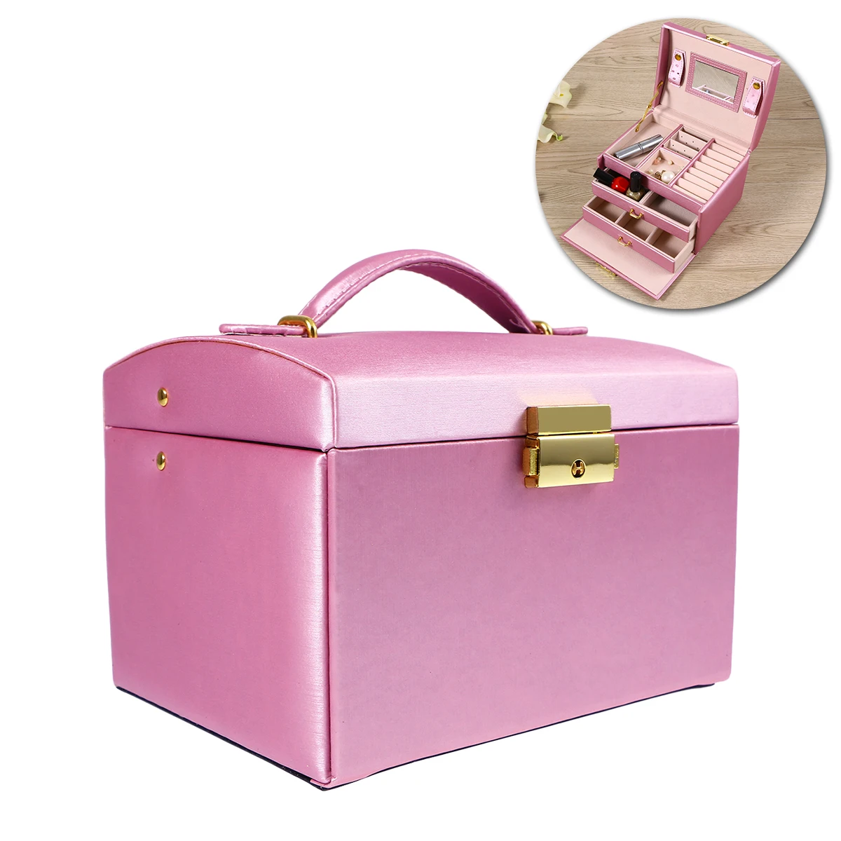 Lockable Jewelry Box Three Layers Portable Multi functional Travel