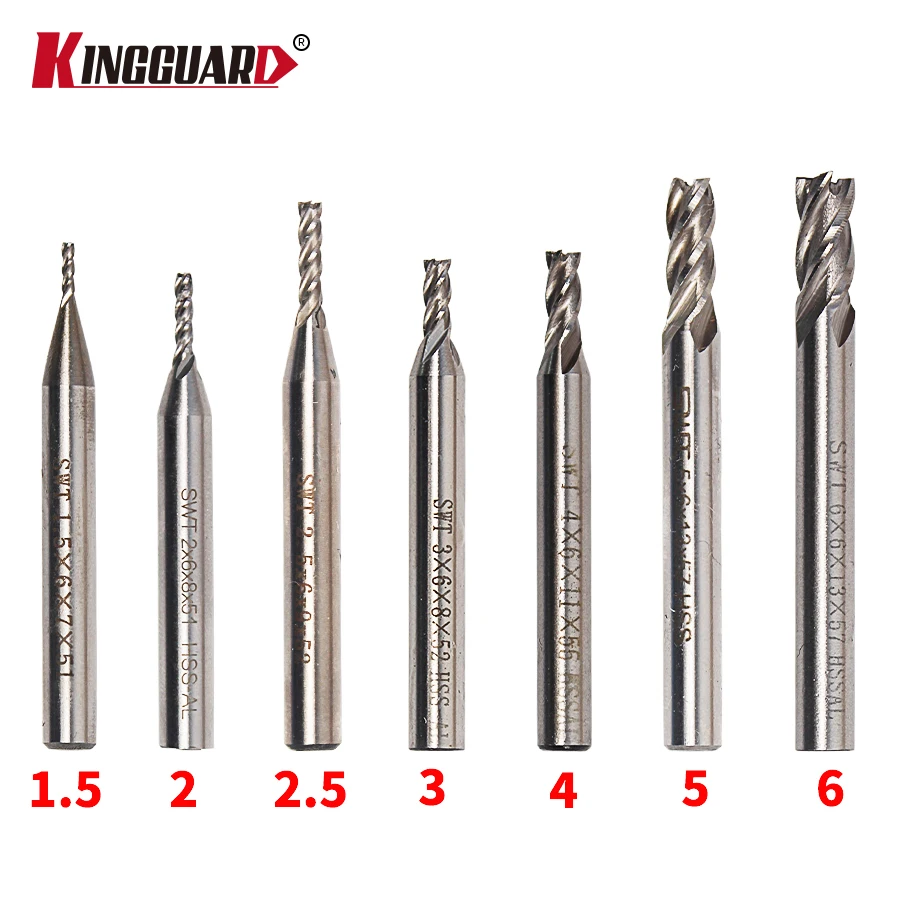 

7Pcs Carbide End Mill HSS 4 Flutes 1.5mm-6mm Diameter Milling Cutter Straight Shank Router Bit Set CNC Tools