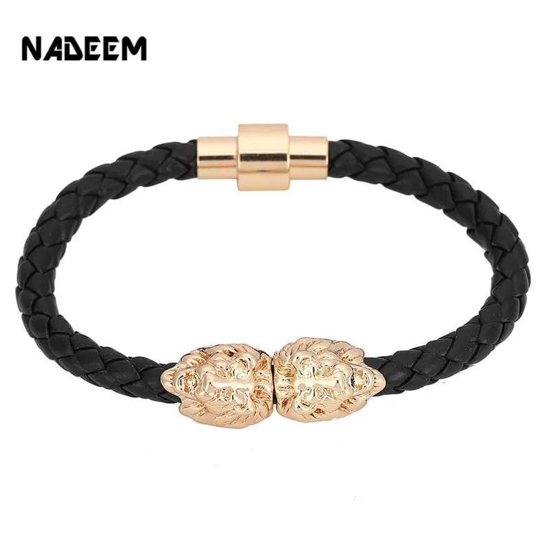 

Drop Shipping New Fashion Magnet Clasp Leather Braid Bracelet Punk Design Double Lion Head Charm Leather Bracelet Bangle For Men